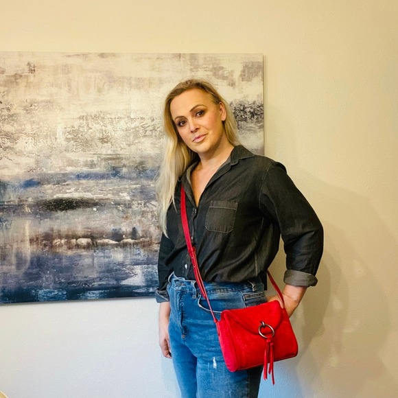 Lucky Brand Red Suede Leather Lura cross body shoulder bag handbag 9.5x6 - Picture 2 of 10